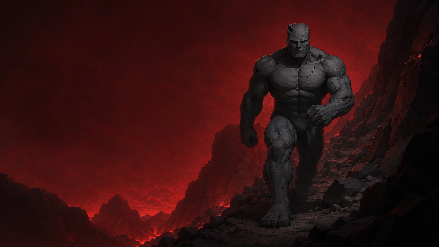The Walker climbing a broken ridge under a burning red sky.