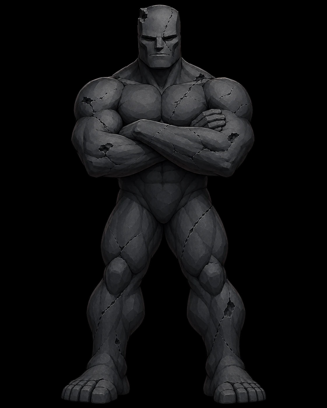 The Walker — a cracked basalt figure standing with arms crossed.